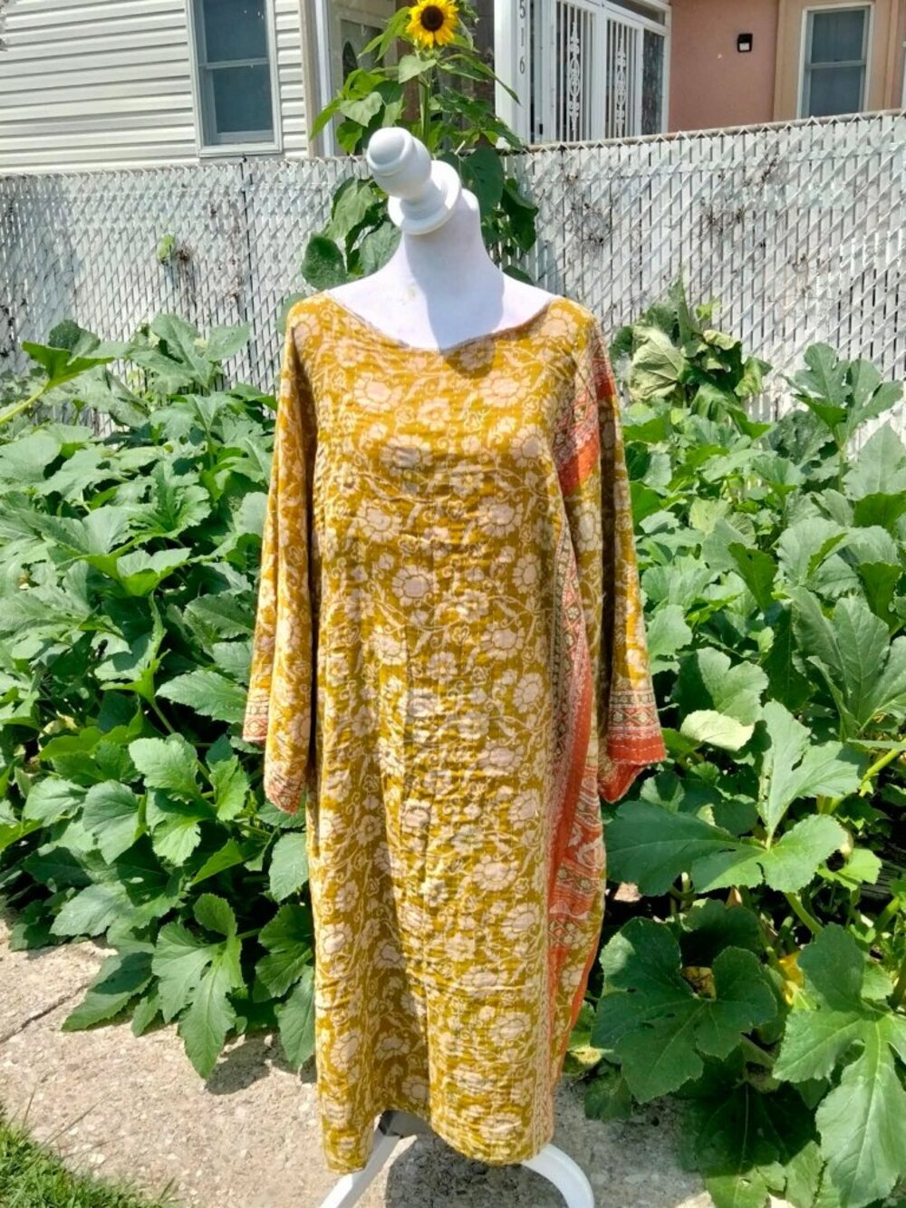Handmade KANTHA Lounge Tunic Style Dress Free Size Boho Green Sunflower Print